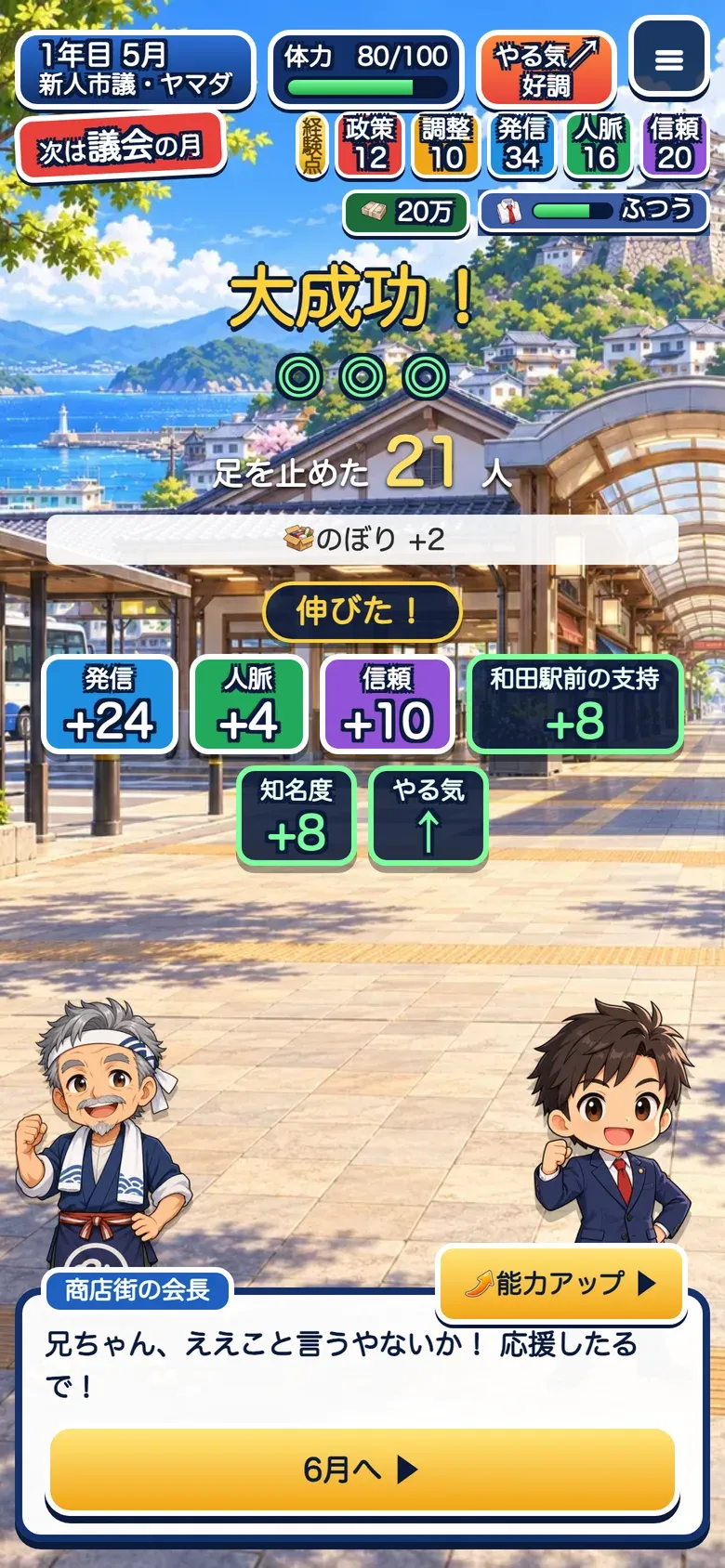 ゲーム画面:結果。住民の一言と、増えた経験点が出ます。