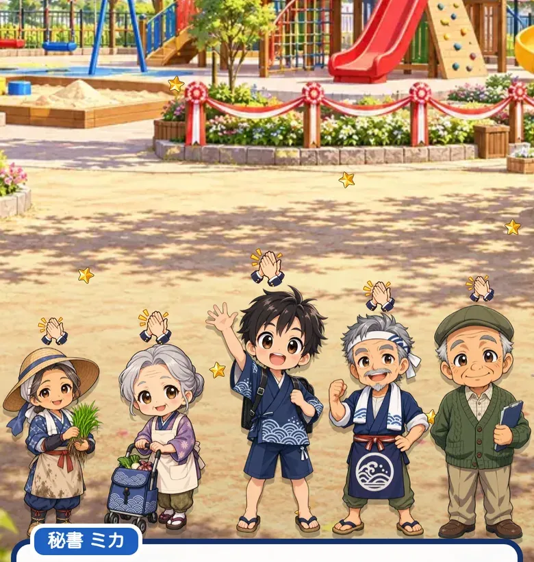 完成した公園と、喜ぶ住民たち（ゲーム画面）