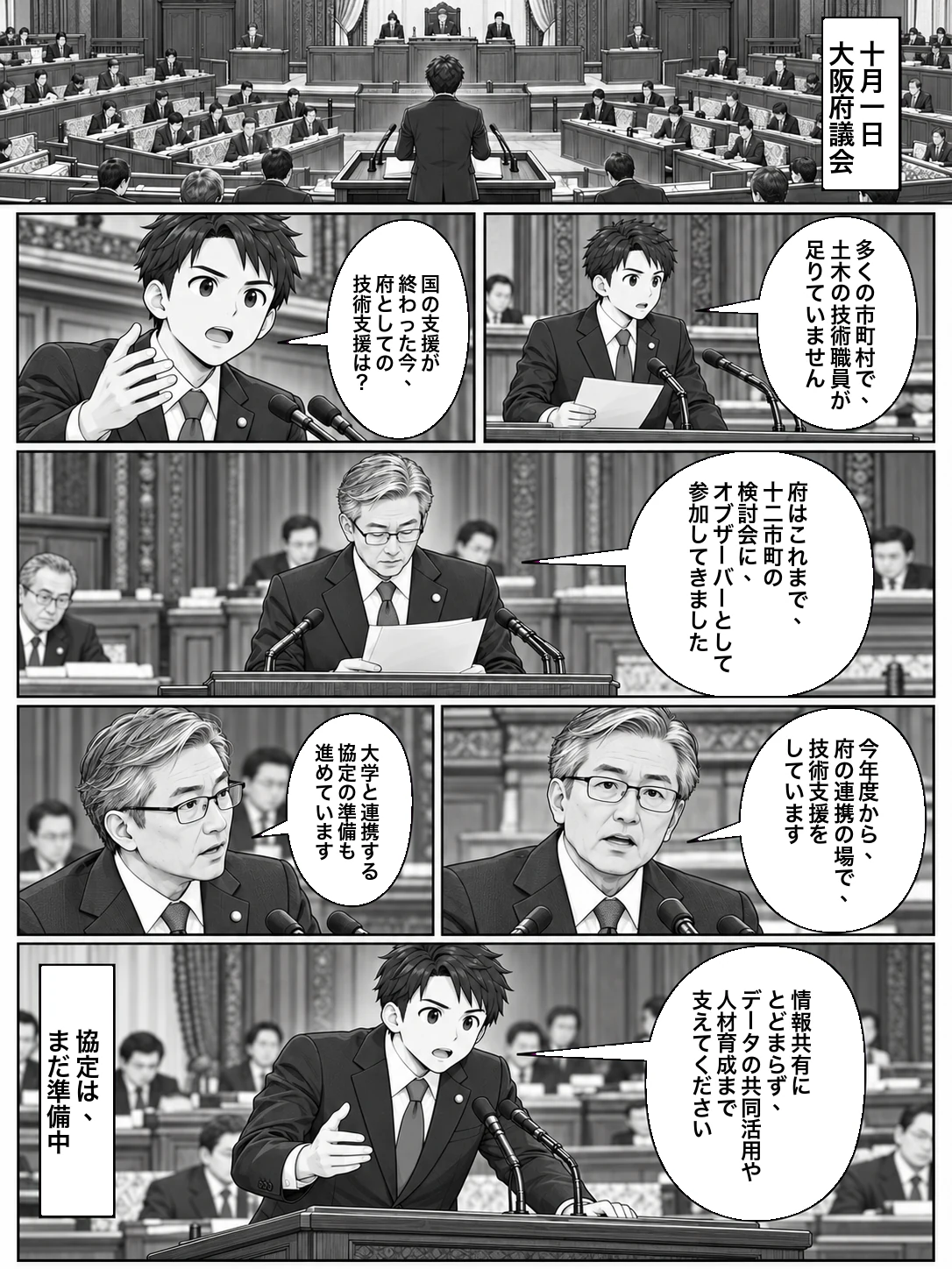 白黒漫画1ページ。10月1日の大阪府議会の議場。質問に立つ府議の役のキャラクターが、多くの市町村で土木の技術職員が足りていないこと、国の支援が終わった今、府としての技術支援はどうなるのかを問う。答弁に立つ部長の役のキャラクターが、府はこれまで12市町の検討会にオブザーバーとして参加してきたこと、今年度から府の連携の場で技術支援をしていること、大学と連携する協定の準備も進めていることを答える。最後に府議の役が、情報共有にとどまらず、データの共同活用や人材育成まで支えてほしいと求める。ナレーションの枠に「協定は、まだ準備中」。