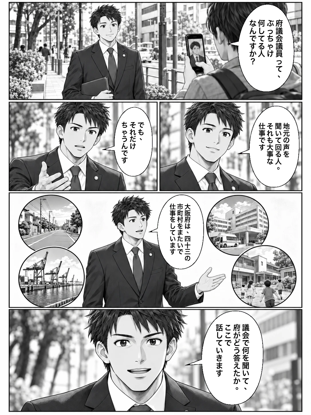 白黒漫画1ページ。街角で、スマートフォンを構えた聞き手が「府議会議員って、ぶっちゃけ何してる人なんですか?」と聞く。府議の役のキャラクターが「地元の声を聞いて回る人。それも大事な仕事です」「でも、それだけちゃうんです」と答え、道路・港・病院・子どもの施設の絵を示して「大阪府は、四十三の市町村をまたいで仕事をしています」と話す。最後に読者に向かって「議会で何を聞いて、府がどう答えたか。ここで話していきます」と語りかける。
