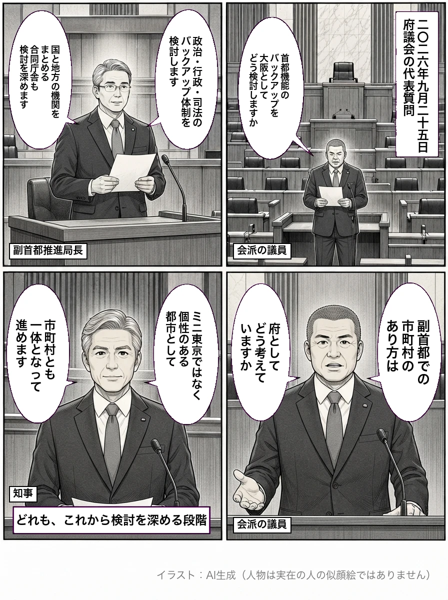 4コマ漫画。各コマに役名(会派の議員、副首都推進局長、知事)。2026年9月25日、府議会の代表質問。演壇の議員が「首都機能のバックアップを大阪としてどう検討しますか」。府の局長が「政治・行政・司法のバックアップ体制を検討します」「国と地方の機関をまとめる合同庁舎も検討を深めます」。議員が「副首都での市町村のあり方は府としてどう考えていますか」。知事が「ミニ東京ではなく個性のある都市として」「市町村とも一体となって進めます」。下に「どれも、これから検討を深める段階」。