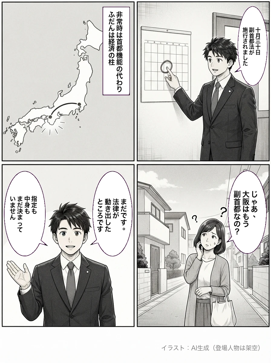 4コマ漫画。壁のカレンダーの丸印を指さす府議の役が「十月三十日 副首都法が施行されました」。日本地図の東京と大阪が線で結ばれたコマに「非常時は首都機能の代わり ふだんは経済の柱」。住宅街で買い物袋を下げた女性が首をかしげ「じゃあ、大阪はもう副首都なの?」。府議の役が手のひらを見せて「まだです。法律が動き出したところです」「指定も中身もまだ決まっていません」。