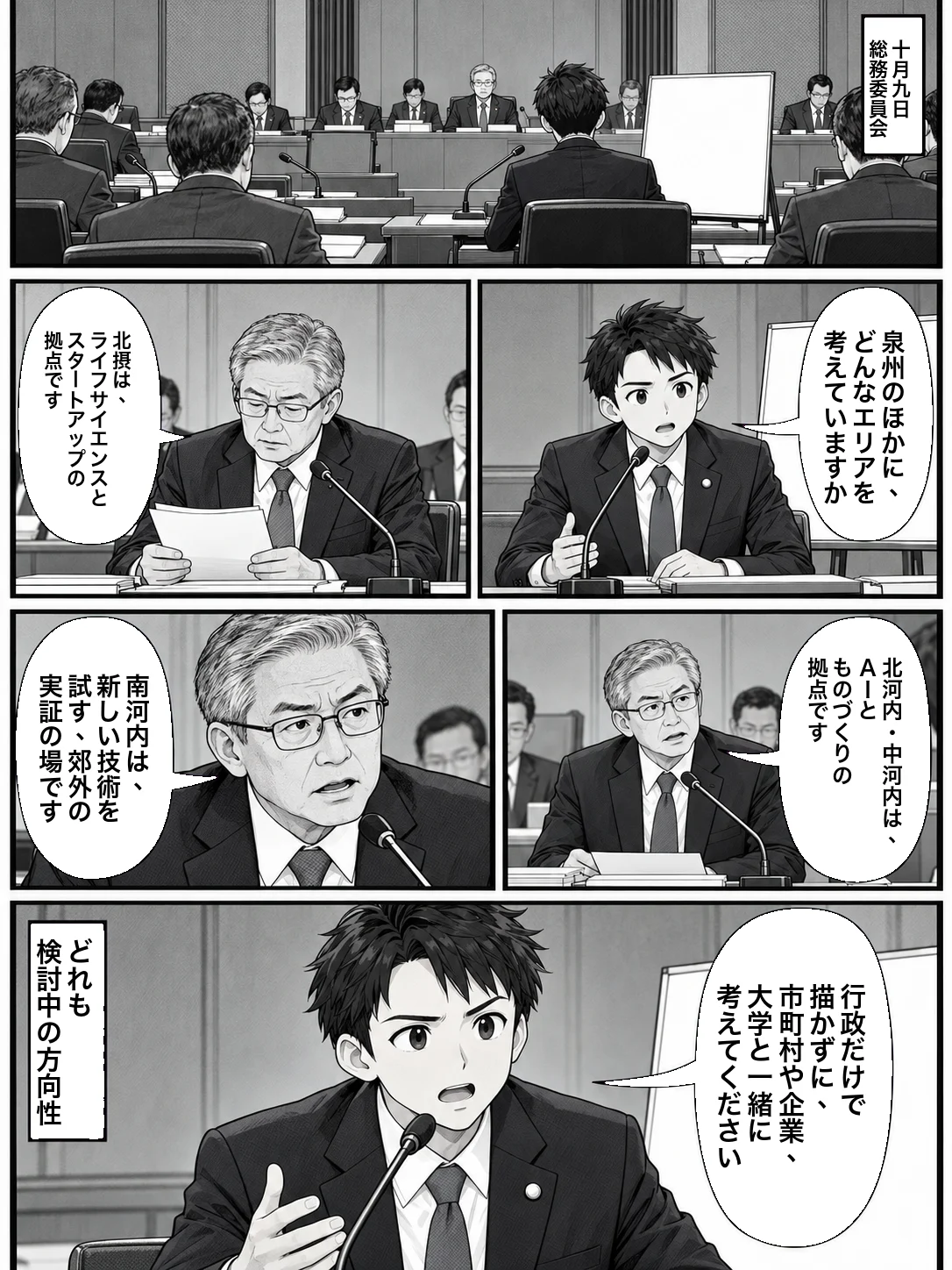 白黒漫画1ページ。10月9日の総務常任委員会。府議の役のキャラクターが「泉州のほかに、どんなエリアを考えていますか」と質問する。府の担当者の役のキャラクターが、北摂はライフサイエンスとスタートアップの拠点、北河内・中河内はAIとものづくりの拠点、南河内は新しい技術を試す郊外の実証の場だと答える。最後に府議の役が「行政だけで描かずに、市町村や企業、大学と一緒に考えてください」と求め、ナレーションに「どれも検討中の方向性」とある。