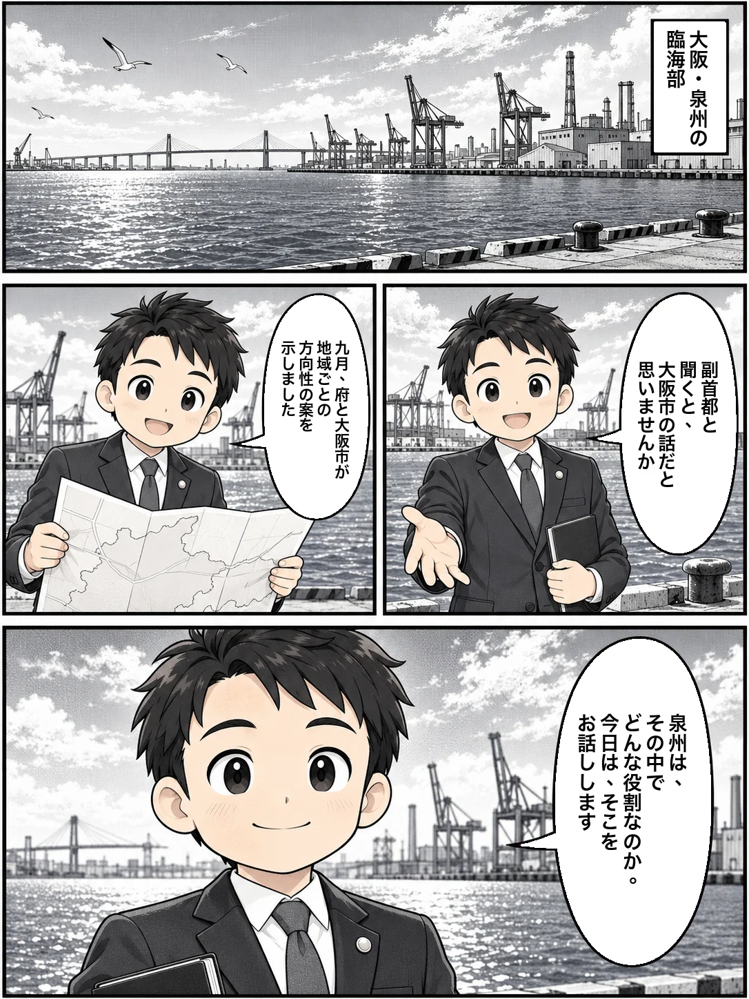 白黒漫画1ページ。クレーンと工場が並ぶ港の海辺に「大阪・泉州の臨海部」。府議の役のキャラクターが、読者に向かって「副首都と聞くと、大阪市の話だと思いませんか」と問いかけ、地図を広げて「九月、府と大阪市が地域ごとの方向性の案を示しました」と話す。最後に「泉州は、その中でどんな役割なのか。今日は、そこをお話しします」と語る。