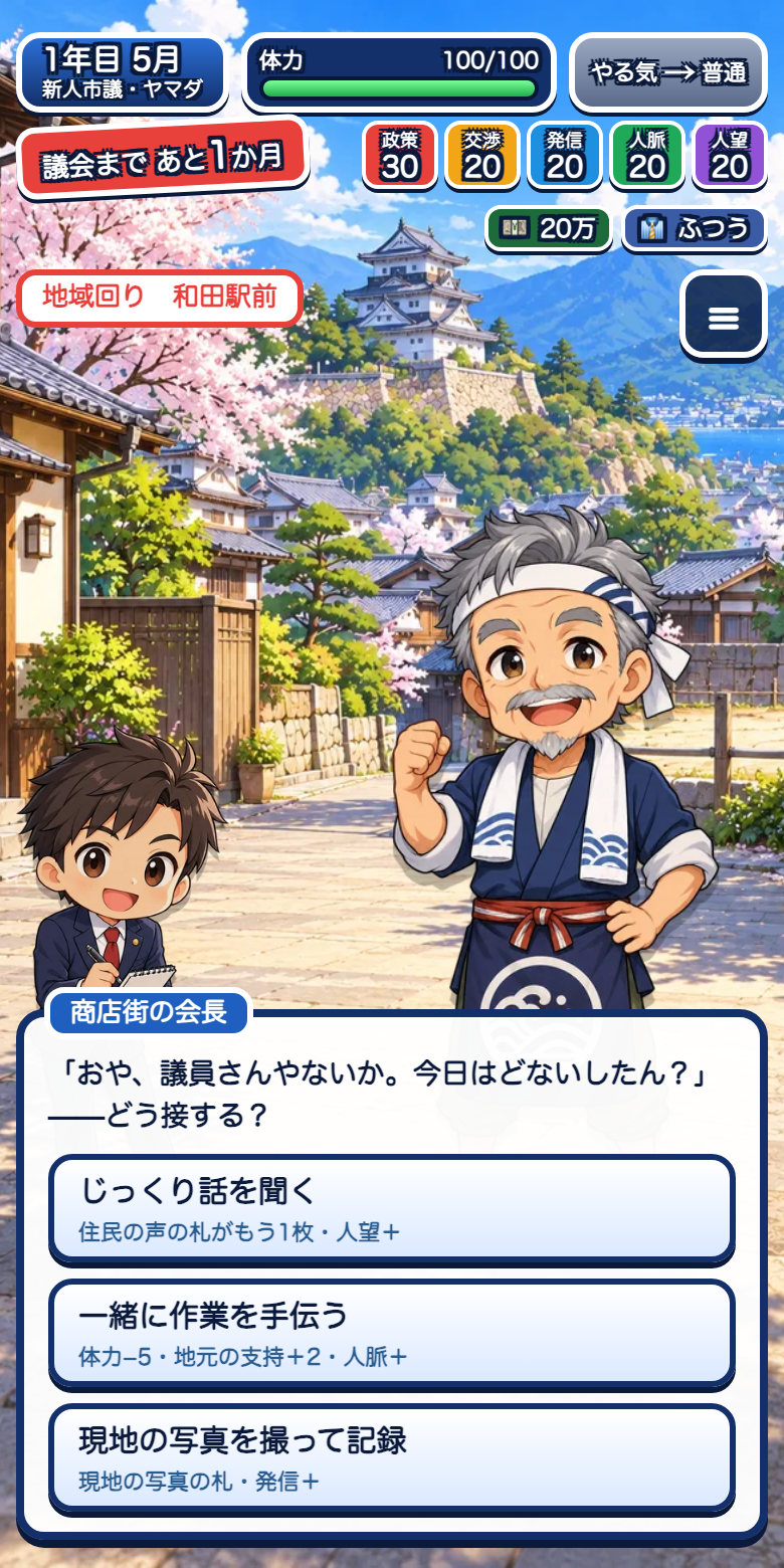 開発中のゲーム画面。城と桜の見える町並みで、左下に手帳を持った新人議員、右に鉢巻きをした商店街の会長。上に「地域回り 和田駅前」。下の窓に会長の「おや、議員さんやないか。今日はどないしたん?」と「どう接する?」、その下に3つの選択肢「じっくり話を聞く(住民の声の札がもう1枚・人望+)」「一緒に作業を手伝う(体力−5・地元の支持+2・人脈+)」「現地の写真を撮って記録(現地の写真の札・発信+)」。右上に所持金「20万」。
