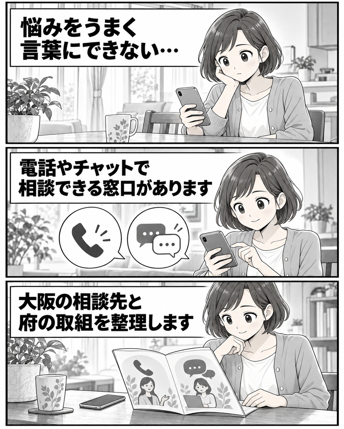 悩みをうまく言葉にできない一般の女性。電話やチャットの窓口を知り、大阪の相談先と府の取組を読む流れを示す3コマ。