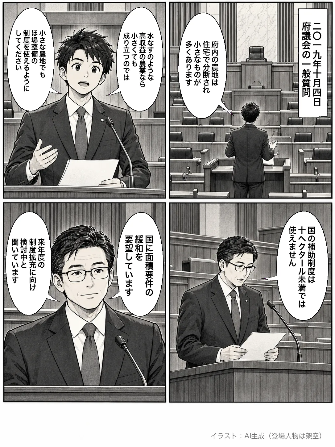 4コマ漫画。2019年10月4日、府議会の一般質問。府議が「府内の農地は住宅で分断され、小さなものが多くあります」「水なすのような高収益の農業なら小さくても成り立つのでは」「小さな農地でもほ場整備の制度を使えるようにしてください」と求める。府の答弁者が「国の補助制度は十ヘクタール未満では使えません」「国に面積要件の緩和を要望しています」「来年度の制度拡充に向け検討中と聞いています」と答える。