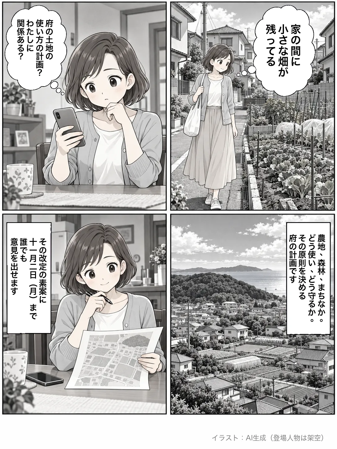 4コマ漫画。スマホを見ながら「府の土地の使い方の計画?わたしに関係ある?」と考える女性。住宅の間に残る畑の横を歩きながら「家の間に小さな畑が残ってる」。農地と森林、まちなみ、海を見渡す風景に「農地、森林、まちなか。どう使い、どう守るか。その原則を決める府の計画です」。地図を手にした女性に「その改定の素案に十一月二日(月)まで誰でも意見を出せます」。