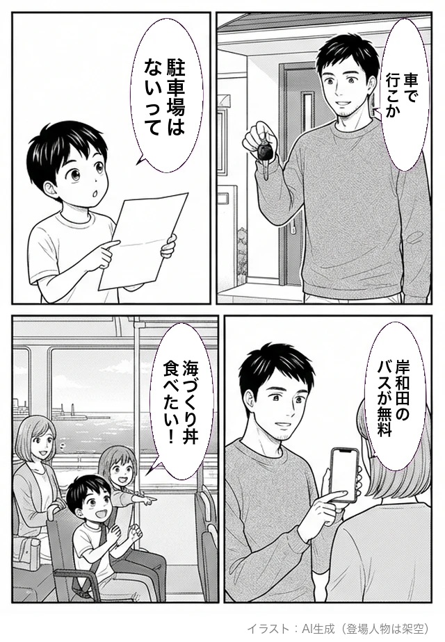 4コマ漫画。玄関で車の鍵を持つ父親が「車で行こか」。チラシを指す子どもが「駐車場はないって」。父親がスマホを見せて「岸和田のバスが無料」。バスの車内で、窓の外に海、妹が「海づくり丼、食べたい!」。