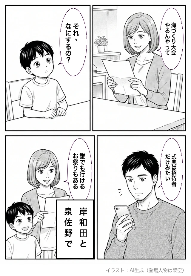 4コマ漫画。食卓でチラシを読む母親が「海づくり大会、やるんやって」。子どもが「それ、なにするの?」。スマホを見る父親が「式典は招待者だけみたい」。母親がチラシを指して「誰でも行けるお祭りもある」、枠に「岸和田と泉佐野で」。