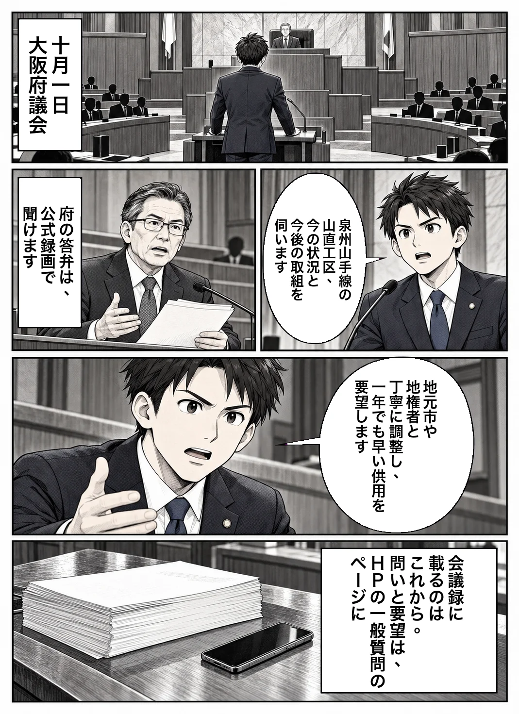 白黒漫画1ページ。「十月一日 大阪府議会」のナレーションと議場の全景。演壇の府議の役が「泉州山手線の山直工区、今の状況と今後の取組を伺います」と質問する。答弁席の部長の役の横に「府の答弁は、公式録画で聞けます」のナレーション。府議の役が「地元市や地権者と丁寧に調整し、一年でも早い供用を要望します」と述べる。最後のコマは机の上の紙の束とスマートフォンで、「会議録に載るのはこれから。問いと要望は、HPの一般質問のページに」。