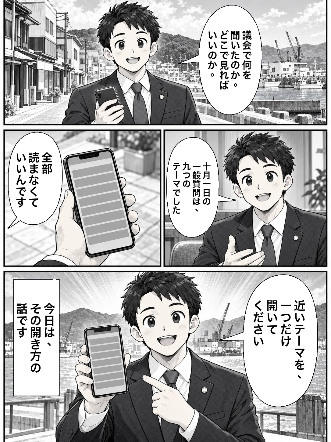 白黒漫画1ページ。海と港のクレーンが見える町の通りで、府議の役のキャラクターがスマートフォンを手に、読者に「議会で何を聞いたのか。どこで見ればいいのか。」と問いかける。続けて「十月一日の一般質問は、九つのテーマでした」「全部読まなくていいんです」と話し、最後にスマートフォンの画面を見せながら「近いテーマを、一つだけ開いてください」。ナレーションは「今日は、その開き方の話です」。