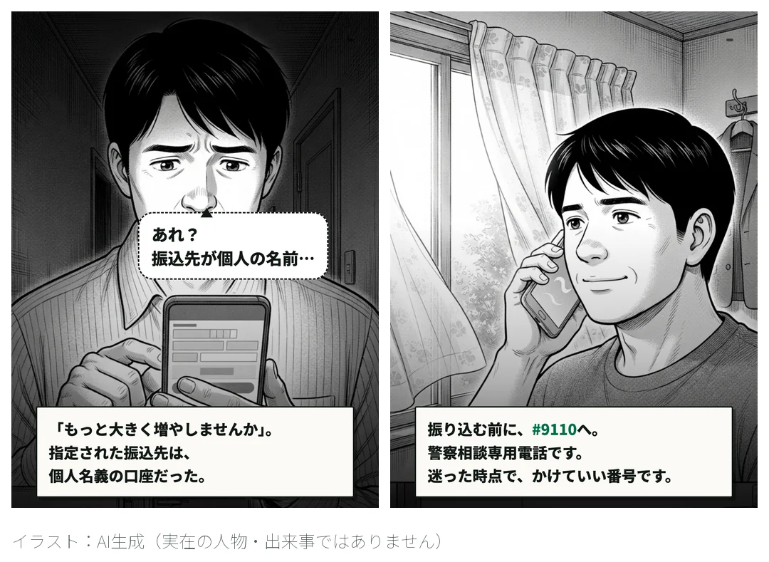 2コマ漫画。暗い廊下でスマホの振込画面を見て顔をしかめる男性、心の声「あれ?振込先が個人の名前…」、ナレーション「『もっと大きく増やしませんか』。指定された振込先は、個人名義の口座だった。」。窓辺で落ち着いて電話をかける男性、ナレーション「振り込む前に、#9110へ。警察相談専用電話です。迷った時点で、かけていい番号です。」