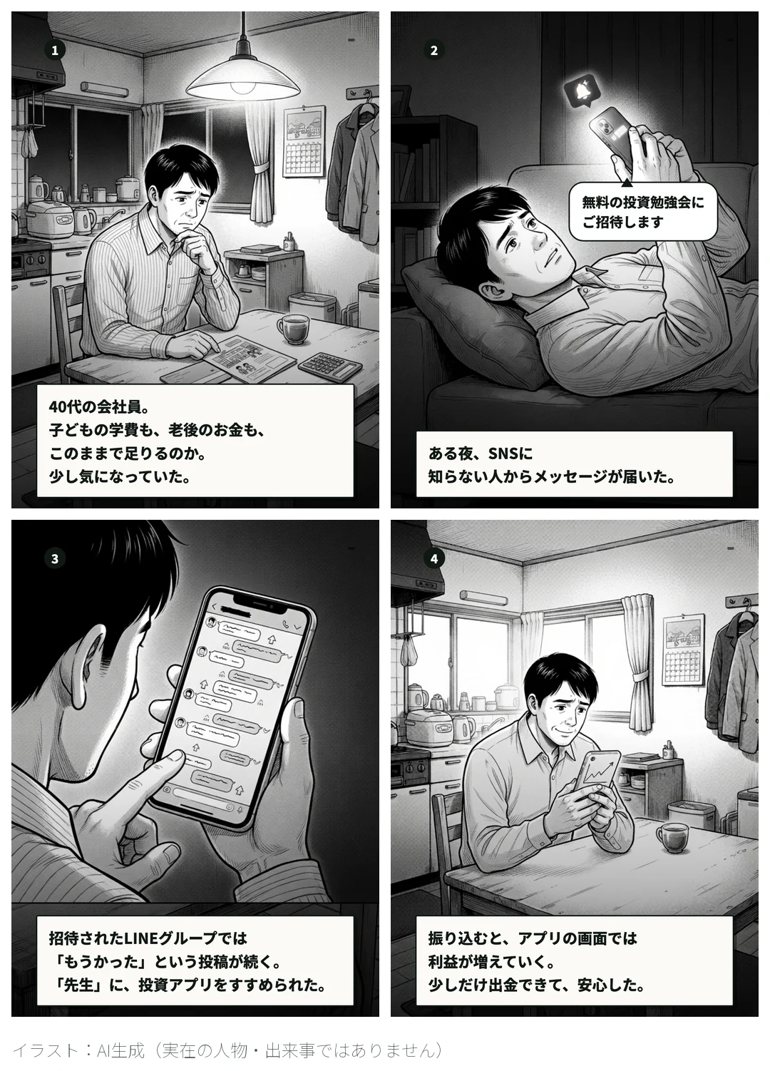 4コマ漫画(左上から右へ、番号順に読む)。夜、台所の食卓で預金通帳と学校のパンフレットを見て考え込む40代の男性。ナレーション「40代の会社員。子どもの学費も、老後のお金も、このままで足りるのか。少し気になっていた。」。ソファでスマホを見る男性。スマホから吹き出し「無料の投資勉強会にご招待します」、ナレーション「ある夜、SNSに知らない人からメッセージが届いた。」。スマホのグループ画面、ナレーション「招待されたLINEグループでは『もうかった』という投稿が続く。『先生』に、投資アプリをすすめられた。」。朝、上がるグラフのスマホを見てほっとする男性、ナレーション「振り込むと、アプリの画面では利益が増えていく。少しだけ出金できて、安心した。」