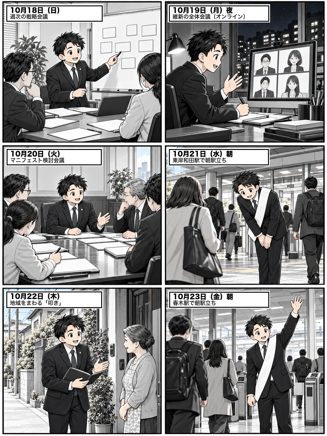 白黒漫画1ページ、6コマ。各コマの見出しに日付と活動。10月18日(日)週次戦略会議、10月19日(月)夜 維新の全体会議(オンライン)、10月20日(火)マニフェスト検討会議、10月21日(水)朝 東岸和田駅で朝駅立ち、10月22日(木)地域をまわる「叩き」、10月23日(金)朝 春木駅で朝駅立ち。府議の役のキャラクターが、それぞれの場面にいる。